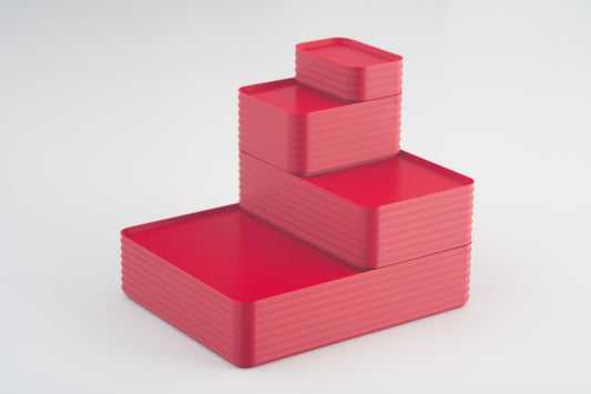 Z Co Projects Rib Series box crimson red set of four mini, small, original, and double-wide displayed on a white background.