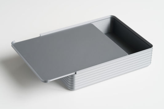 Z Co Rib Series double-wide silver box on white background with lid slid open from the opposite orientation, showing the spacious inside.