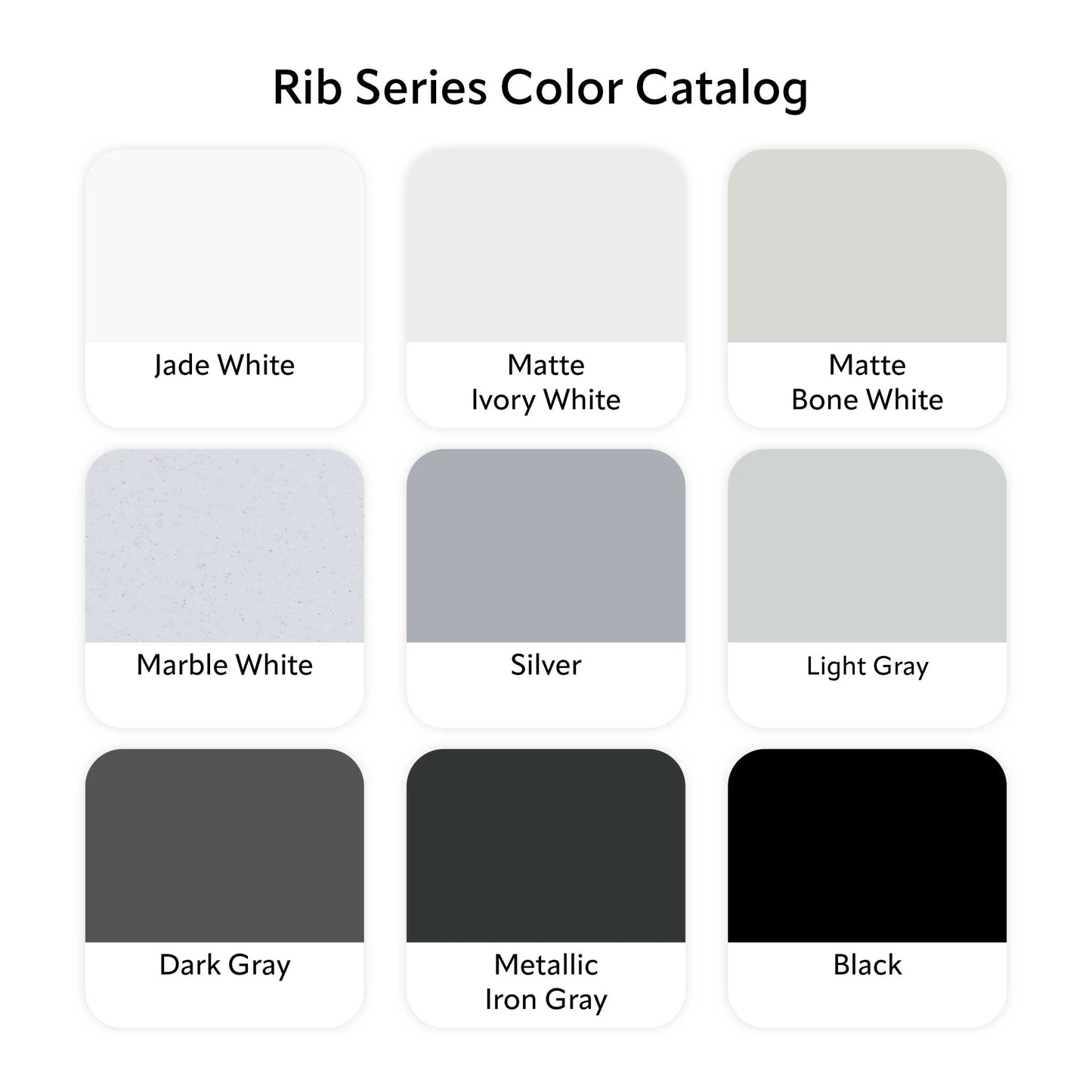 Z Co Rib Series color catalog chart page 1 showing nine color swatches: jade white, matte ivory white, matte bone white, marble white, silver, light gray, dark gray, metallic iron gray, and black.
