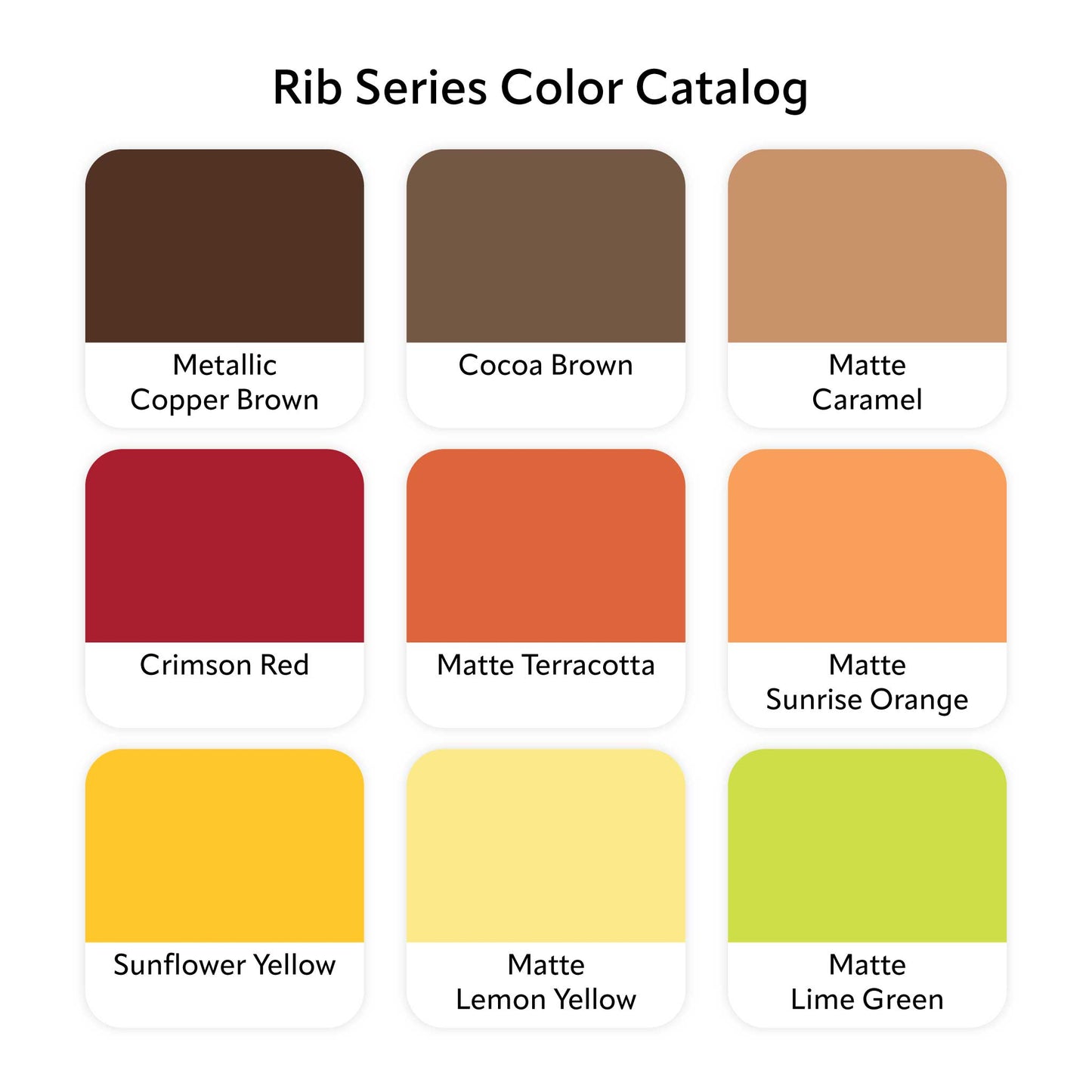 Z Co Rib Series color catalog chart page 2 showing nine color swatches: Metallic Copper Brown, Cocoa Brown, Matte Caramel, Crimson Red, Matte Terracotta, Matte Sunrise Orange, Sunflower Yellow, Matte Lemon Yellow, Matte Lime Green.