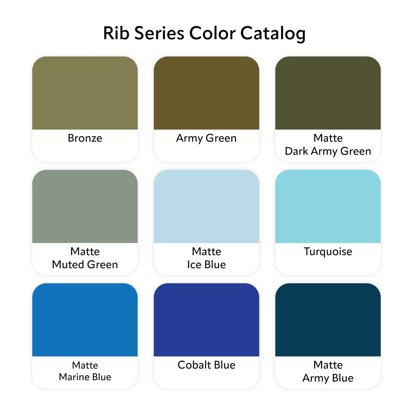 Z Co Rib Series color catalog chart page 3 showing nine color swatches: Bronze, Army Green, Matte Dark Army Green, Matte Muted Green, Matte Ice Blue, Turquoise, Matte Marine Blue, Cobalt Blue, Matte Army Blue.