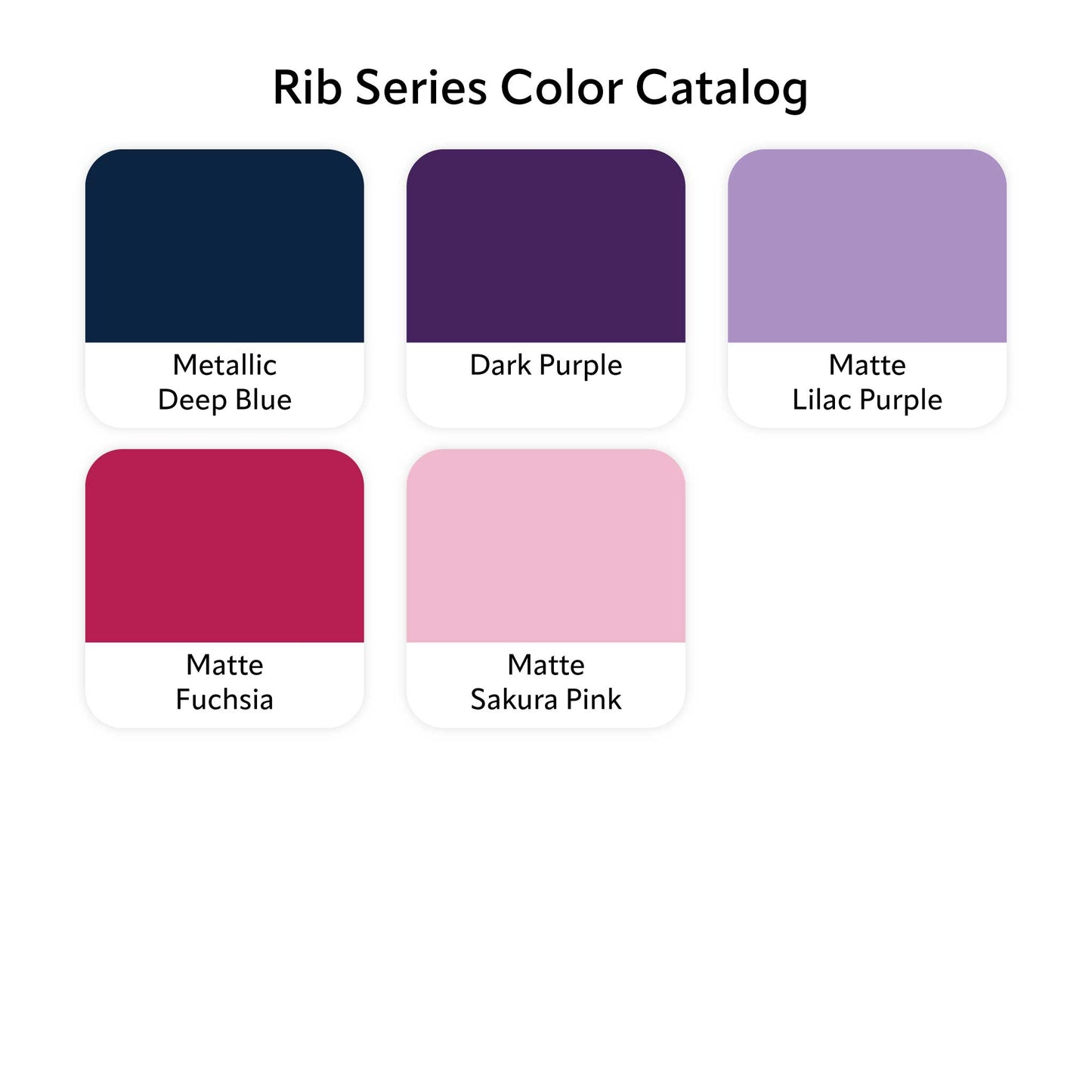 Z Co Rib Series color catalog chart page 5 showing five color swatches: Metallic Deep Blue, Dark Purple, Matte Lilac Purple, Matte Fuchsia, Matte Sakura Pink.