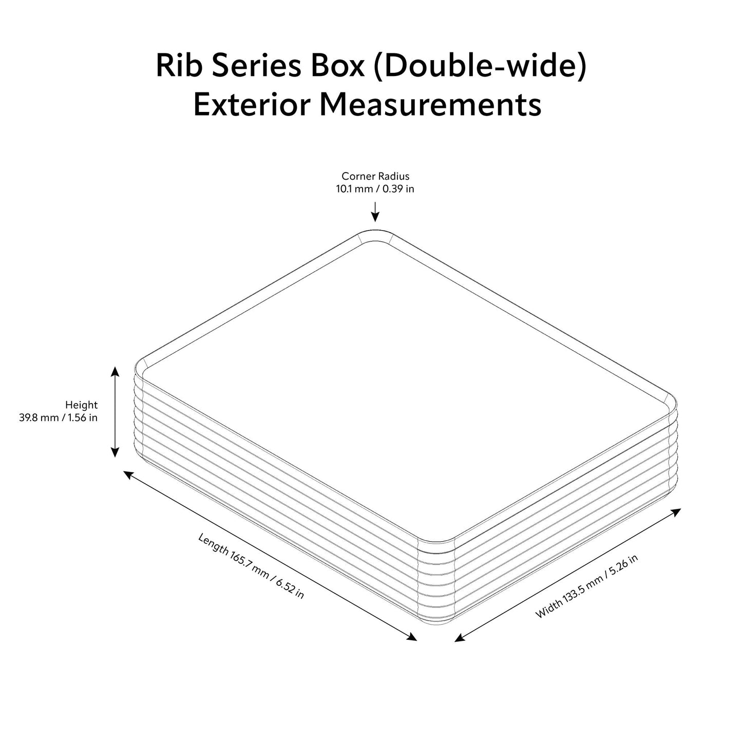 Z Co Rib Series Box double-wide exterior measurements showing length 165.7 mm (6.52 in), width 133.5 mm (5.26 in), height 39.8 mm (1.56 in), and corner radius 10.1 mm (0.39 in).