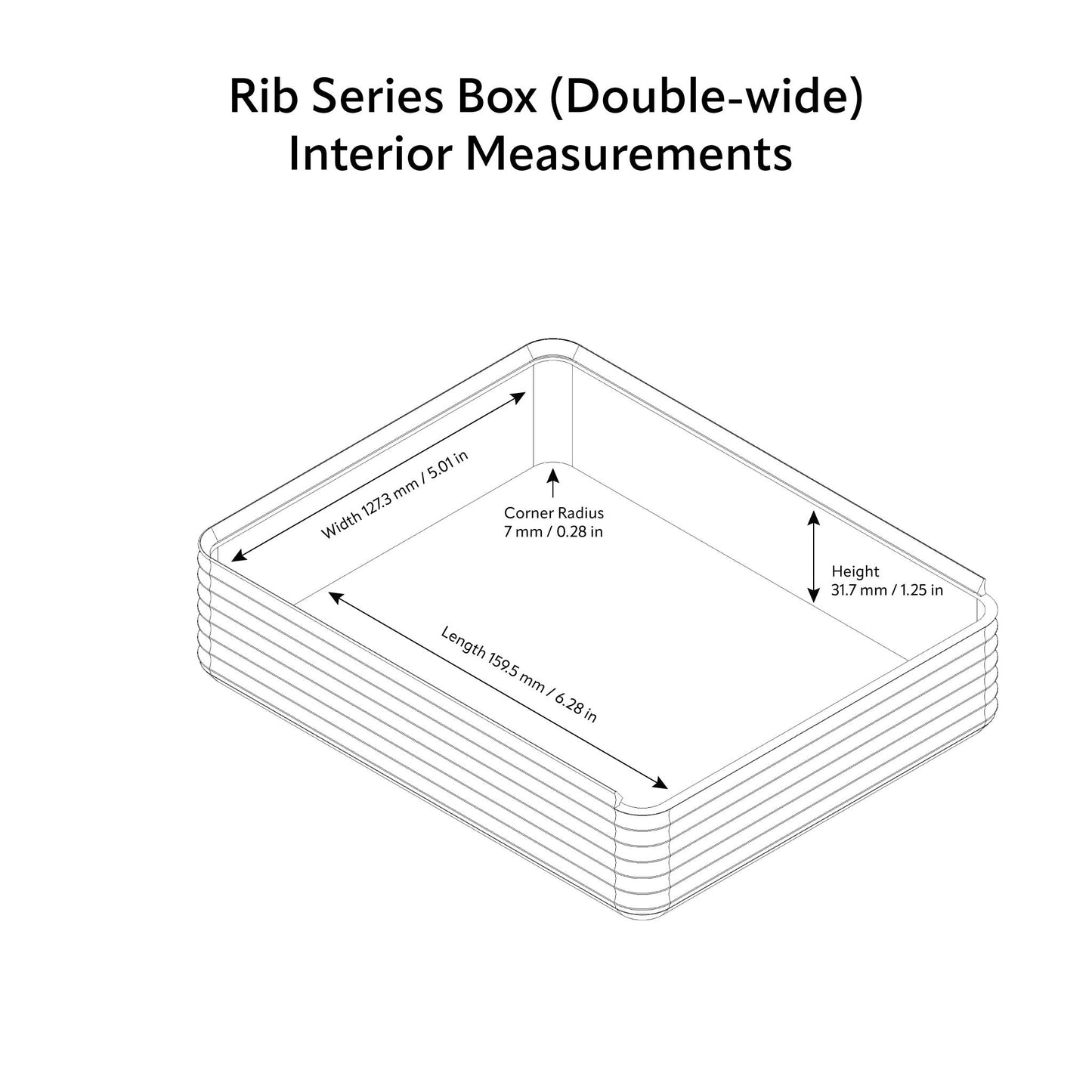 Z Co Rib Series Box double-wide interior measurements showing length 159.5 mm (6.28 in), width 127.3 mm (5.01 in), height 31.7 mm (1.25 in), and corner radius 7 mm (0.28 in).