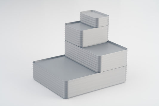 Z Co Projects Rib Series box silver set of four mini, small, original, and double-wide displayed on a white background.