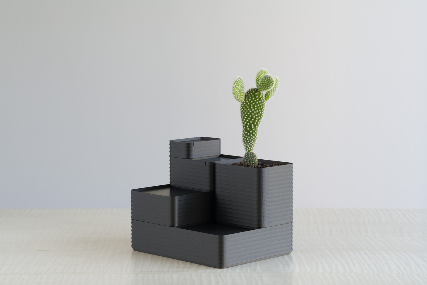 Tiered ribbed box arrangement in metallic iron gray, featuring a planted cactus in the double-wide box, alongside original, small, and mini boxes for display.