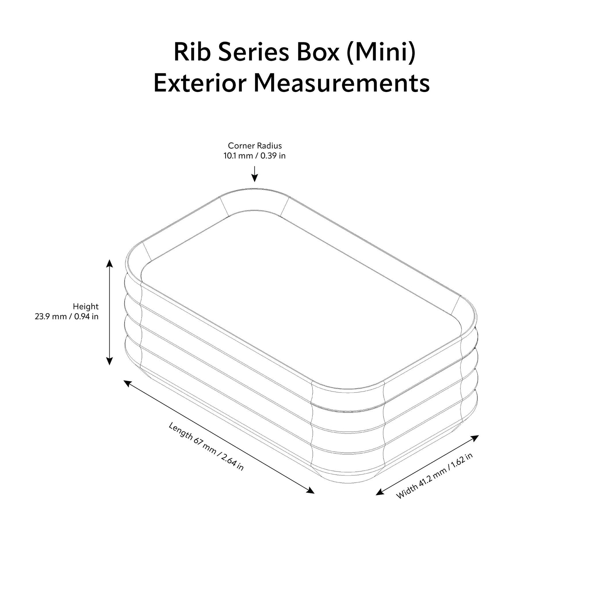 Diagram of Z Co Rib Series Mini Box exterior measurements: length 67 mm (2.64 in), width 41.2 mm (1.62 in), height 23.9 mm (0.94 in), corner radius 10.1 mm (0.39 in)