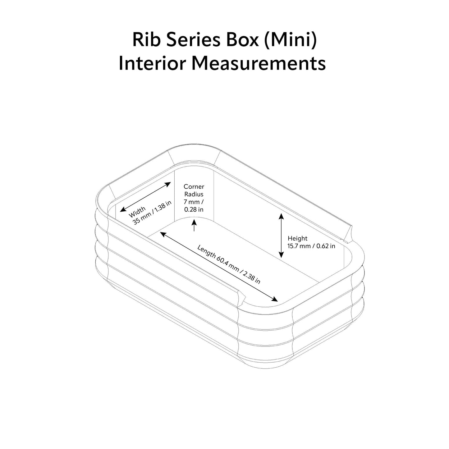 iagram of Z Co Rib Series Mini Box interior measurements: length 60.4 mm (2.38 in), width 35 mm (1.38 in), height 15.7 mm (0.62 in), corner radius 7 mm (0.28 in)
