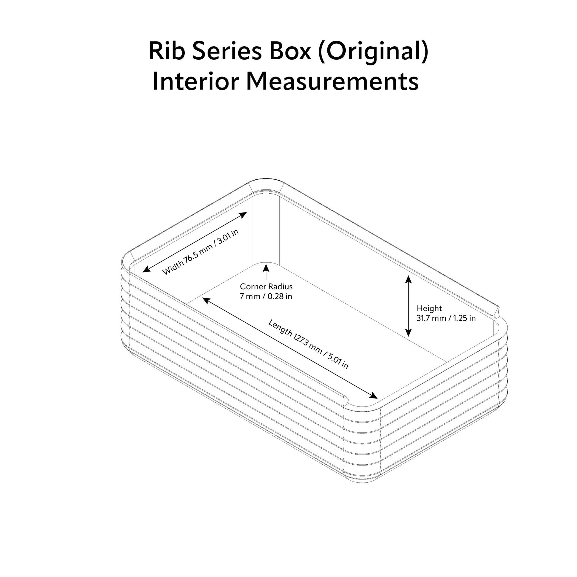 Diagram of Z Co Rib Series Box in Original size showing interior measurements: 127.3 mm (5.01 in) length, 76.5 mm (3.01 in) width, 31.7 mm (1.25 in) height, and 7 mm (0.28 in) corner radius.