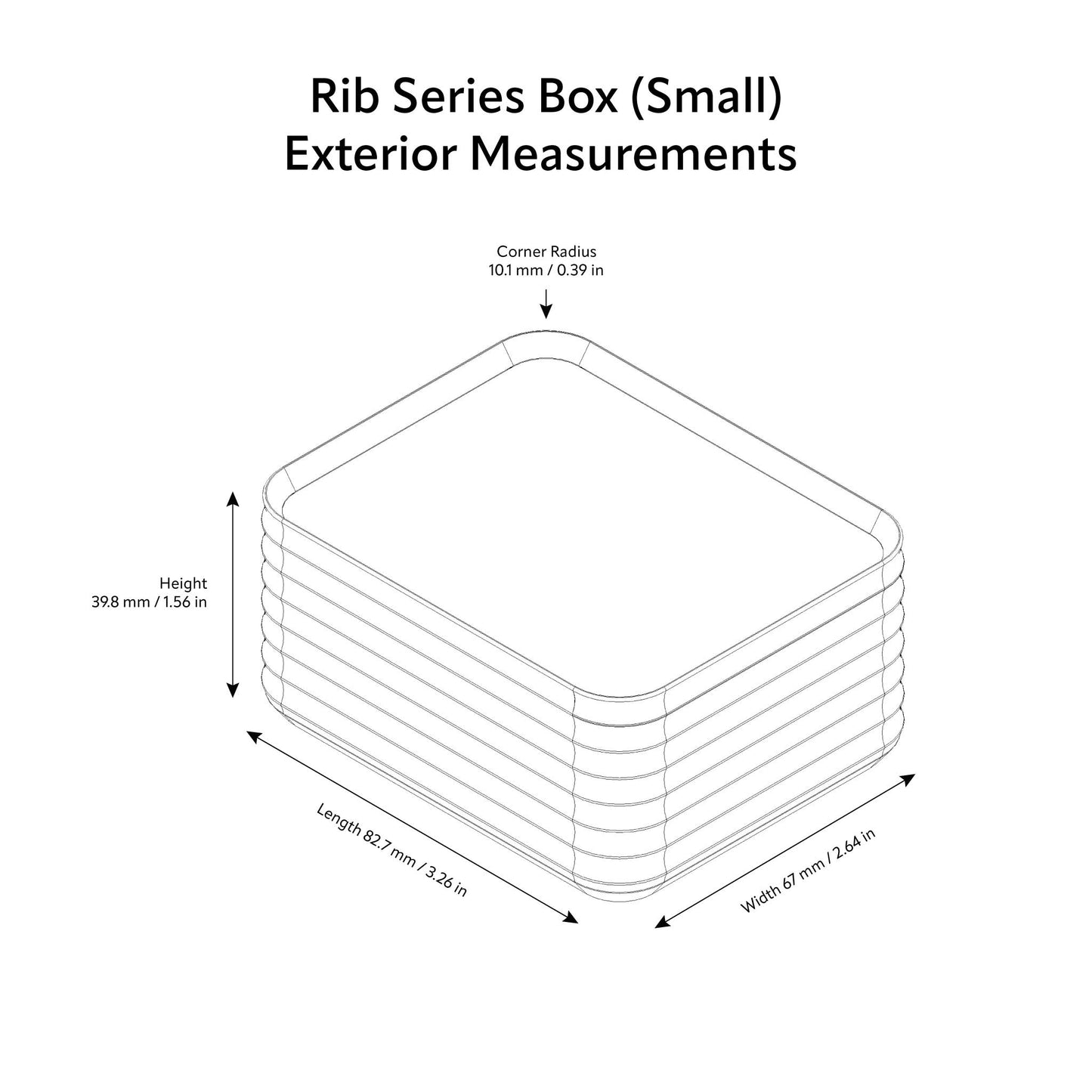 Diagram showing exterior measurements of the Z Co Rib Series Box in small size, labeled with length 82.7 mm (3.26 in), width 67 mm (2.64 in), height 39.8 mm (1.56 in), and corner radius 10.1 mm (0.39 in).